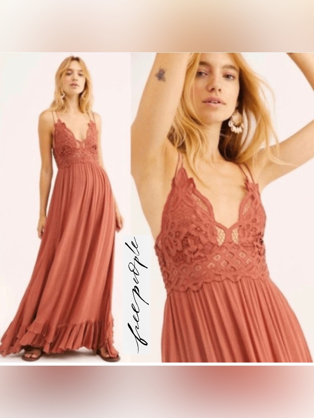 NWT Free People FP One Adella Lace Maxi Slip Dress in Copper / Rust L